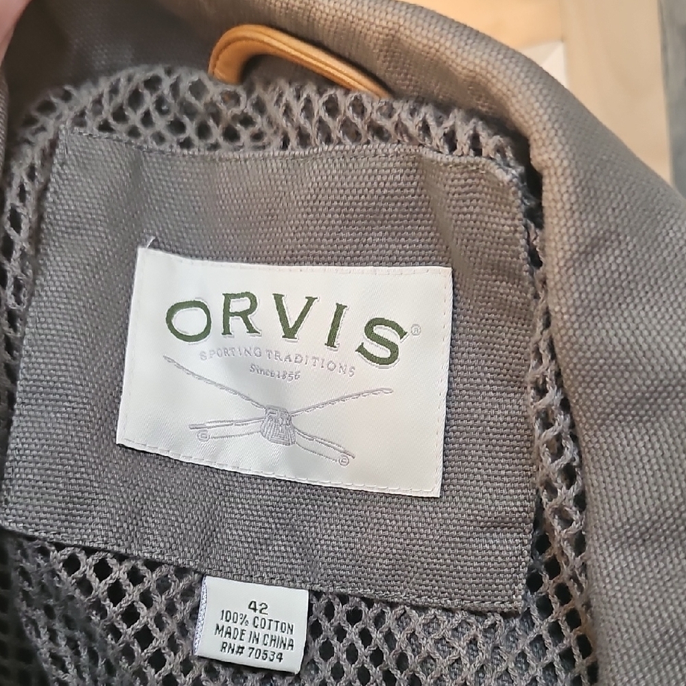 Orvis Olive Drab Blazer Jacket with Tan Details Elbow Patches Lots Of Pockets! - Picture 4 of 6